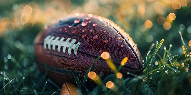 a football with a white football on the grass American football ball close up view on grass field A