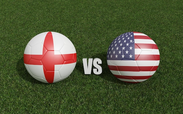 Footballs in flags colors on grass England with USA World Cup football championship 2022 3d rendering
