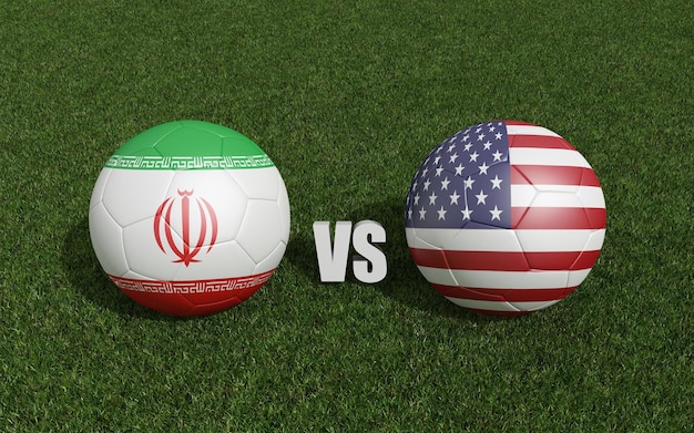 Footballs in flags colors on grass Iran with USA World Cup football championship 2022 3d rendering