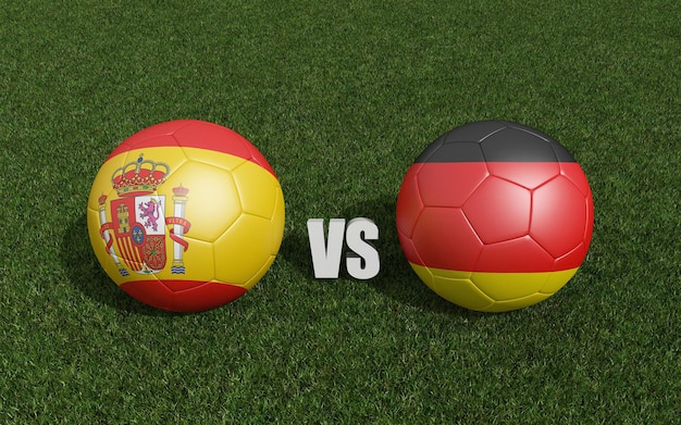 Footballs in flags colors on grass Spain with Germany World Cup football championship 2022 3d rendering