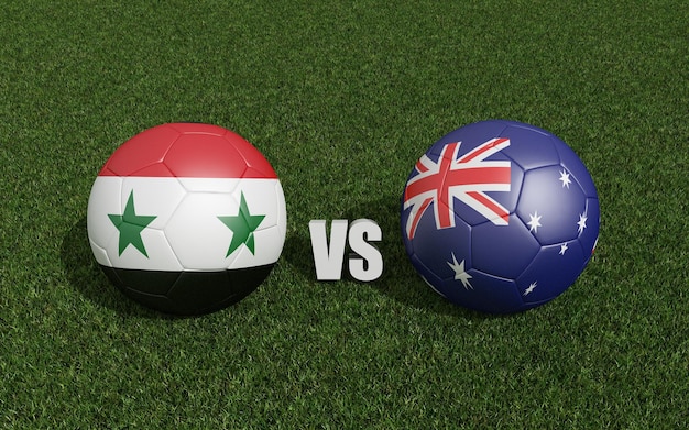 Photo footballs in flags colors on grass syria with australia 2023 asian cup tournament 3d rendering