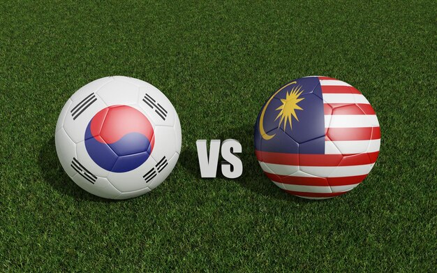 Footballs in flags colors on grassSouth korea with Malaysia 2023 asian cup tournament 3d rendering