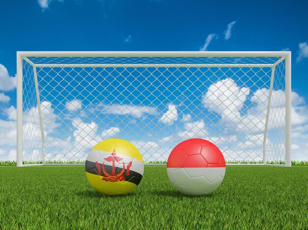 インドネシアの 3 d レンダリングとサッカー フィールド ブルネイ ダルサラームのフラグの色のフットボール