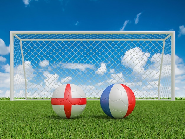 Photo footballs in flags colors on soccer field england with france 3d rendering