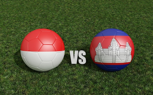 Footballs in flags colors on soccer field Indonesia with Cambodia 3d rendering