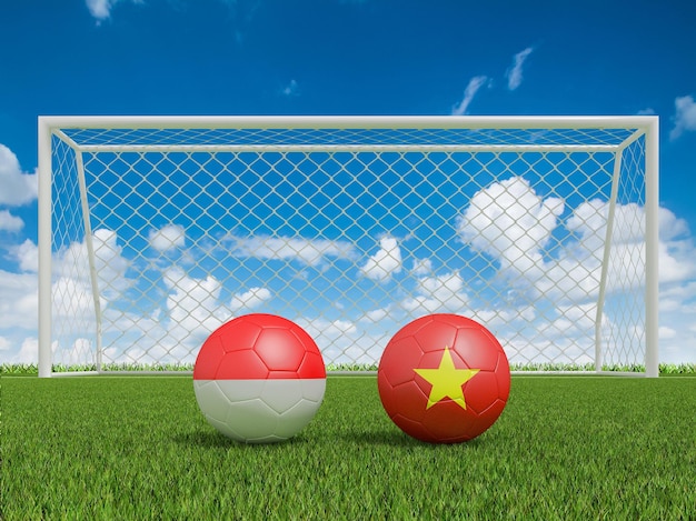 Footballs in flags colors on soccer field Indonesia with Vietnam 3d rendering