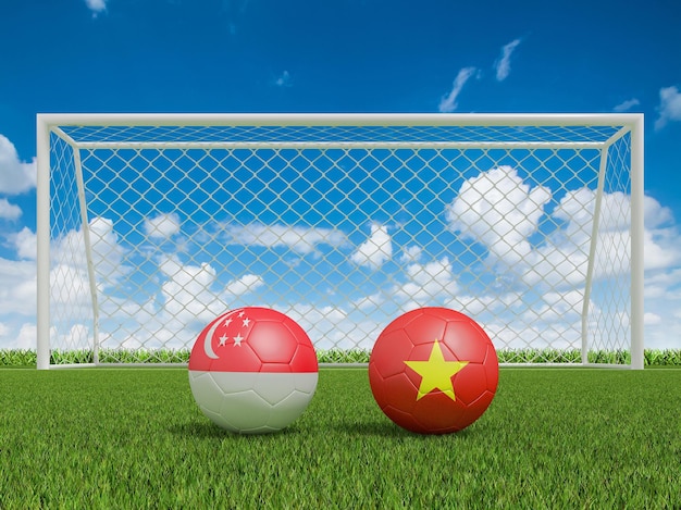 Footballs in flags colors on soccer field Singapore with Vietnam 3d rendering