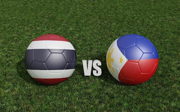 Footballs in flags colors on soccer field Thailand with Philippines 3d rendering