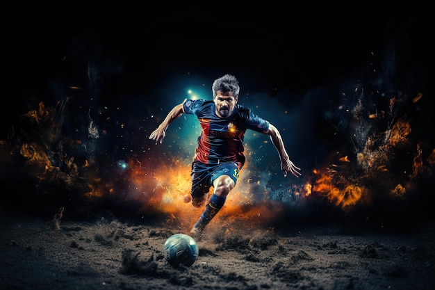 Photo footballsoccer player running ball dust colorful lights isolated on black