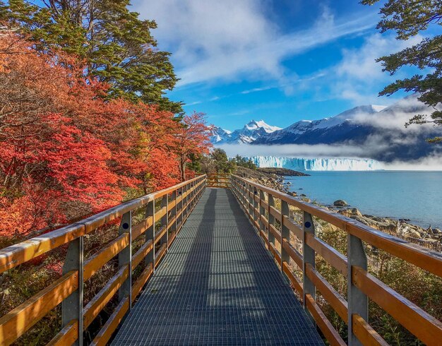 写真 秋の空に照らして湖を横断する歩道橋