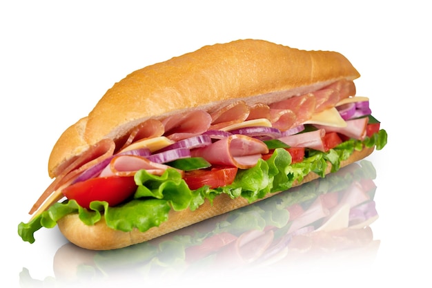 Footlong ham &amp; swiss submarine sandwich isolated on white