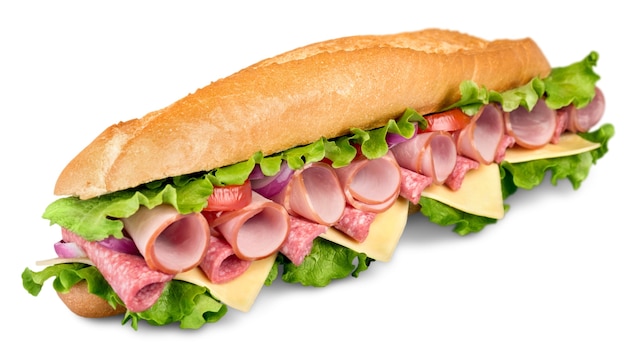 Prosciutto footlong & panino sottomarino svizzero isolato su bianco