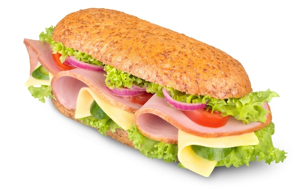 Footlong ham & Zwitserse onderzeeër sandwich geïsoleerd op wit