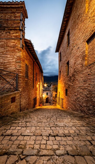 Footpath amidst houses in town against sky