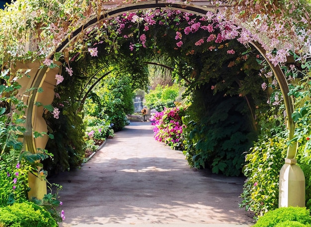 footpath under a beautiful arch of flowers and plants