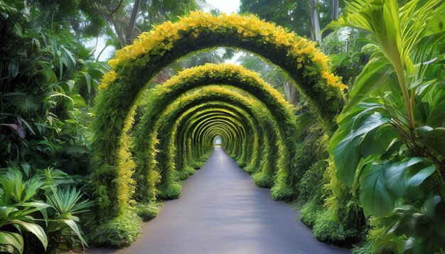 Footpath under a beautiful arch of flowers and plants