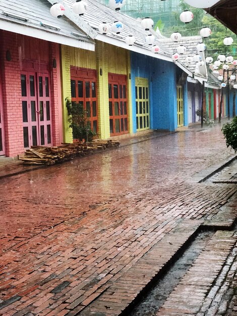 Footpath by buildings in city