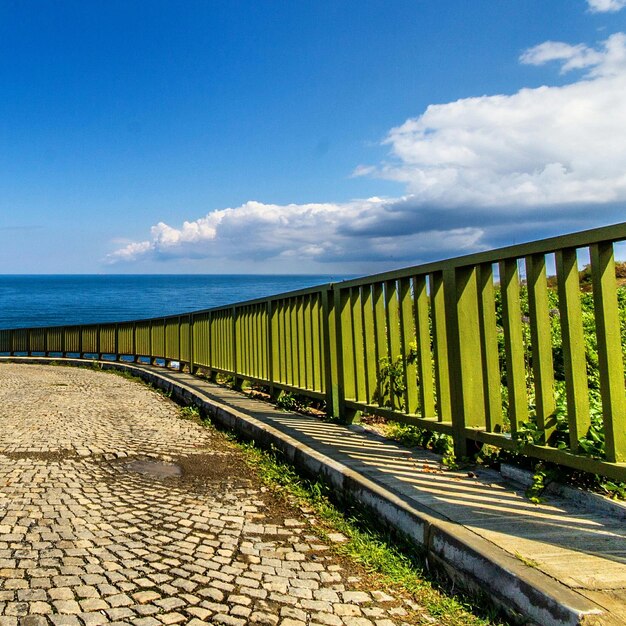 Footpath by sea against blue sky