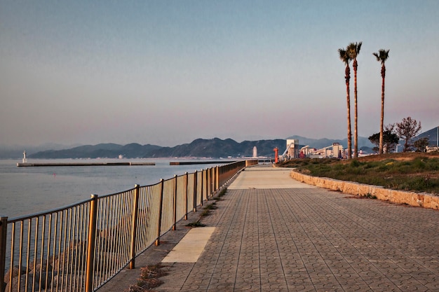 晴れた空の下で海を歩く歩道