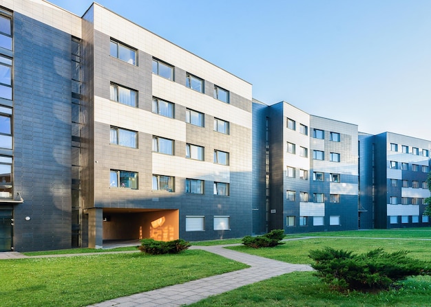 Footpath at Complex of new apartment buildings with other outdoor facilities. Toned