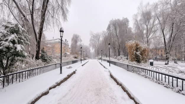 Footpath in a fabulous beautiful winter city park with Generative AI Technology