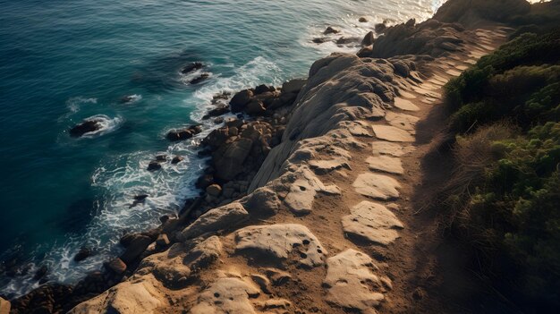 A footprint on a coastal cliff trail