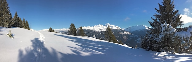 青空の下で雪をかぶった山を渡る新雪の足跡