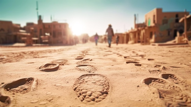 Footprints in the desert with a sun on the horizon