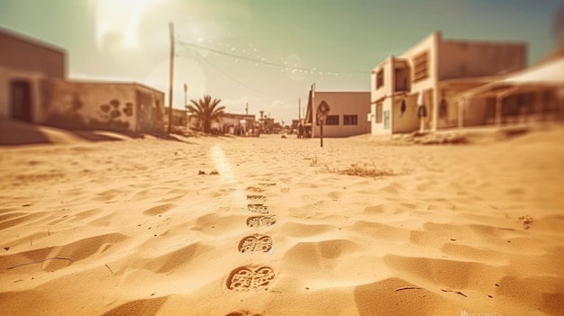 Footprints in the desert with a sun on the horizon