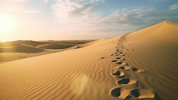 Footprints in the desert with a sun on the horizon