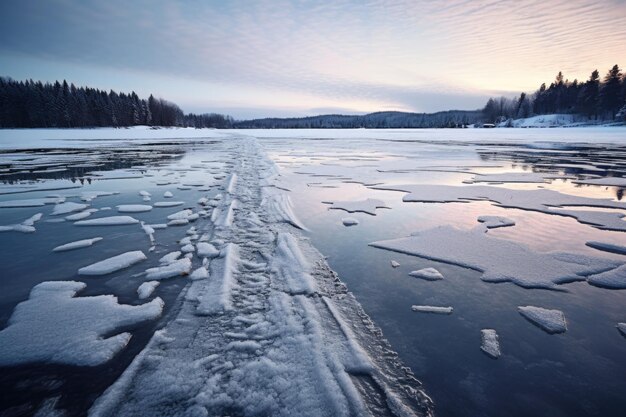 Photo footprints on a frozen lake surface