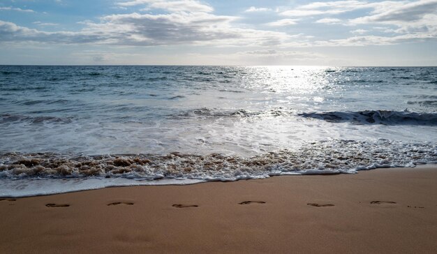 Footprints at golden sand footsteps calm sea beach background summer tropical beach with sand ocean ...