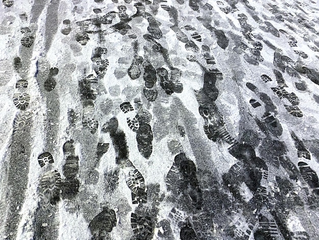 Footprints of people in the snow