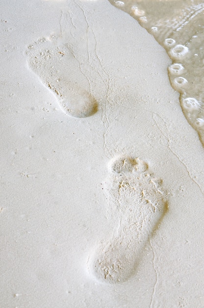 Footprints on sand beach close up