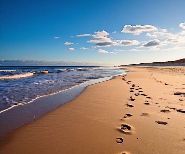 Footprints on the sand of the beach sea wave