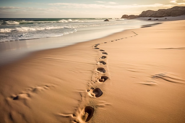 Отпечатки ног в песке на пляже при заходе солнца Генеративный ИИ