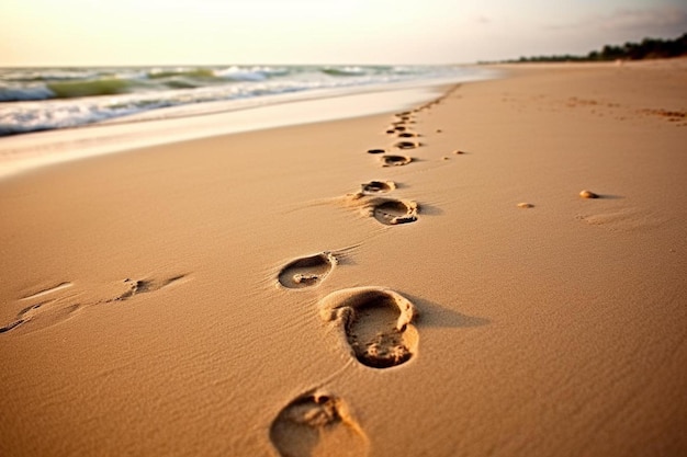 footprints in the sand on a beach with footprints in the sand.