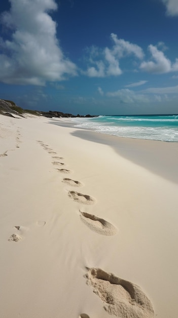 カリブ海のターコイズブルーの海が広がるビーチの砂の上に残る足跡