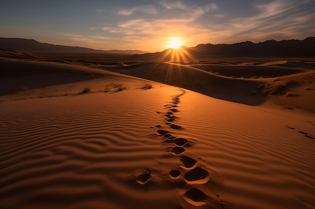 Foto impronte nella sabbia nel deserto durante il tramonto rete neurale ai generata