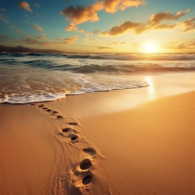 Footprints in the sand at sunset