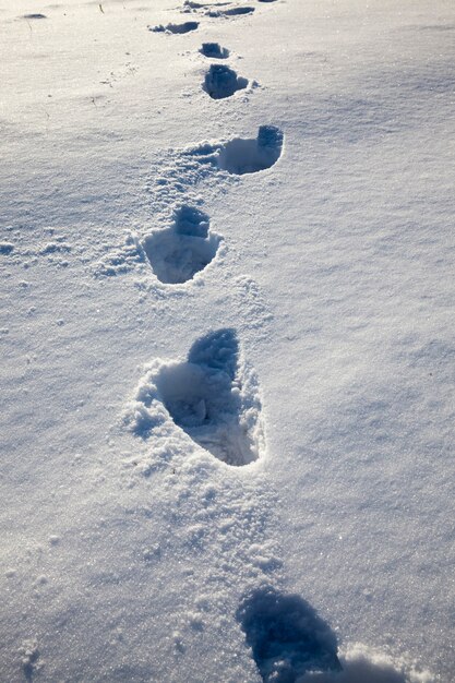 Следы на сугробах после прогулки по снегу человека, зимнее время года на природе