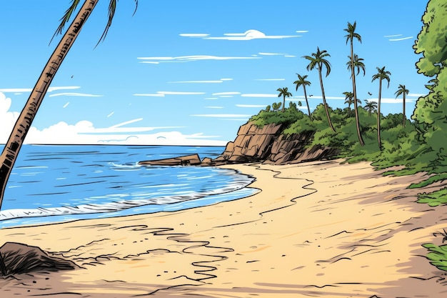 Footprints on a tropical beach with palm trees and blue sky Generative AI