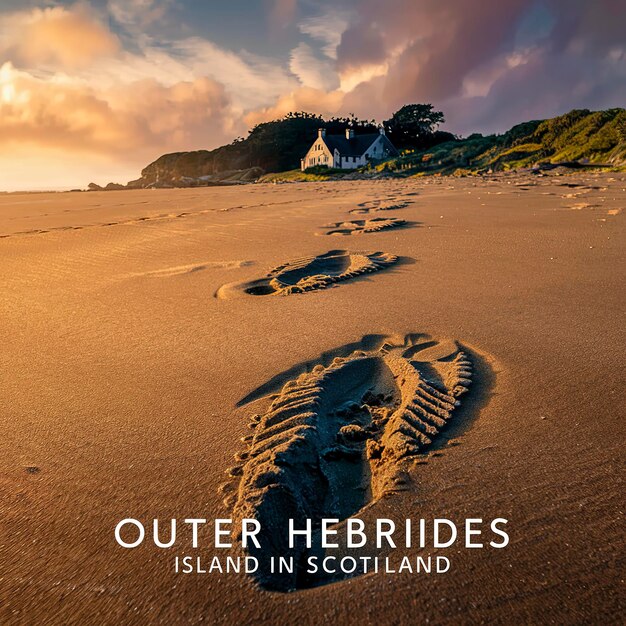 Footsteps on the sand passing through the outer Hebrides island Scotland