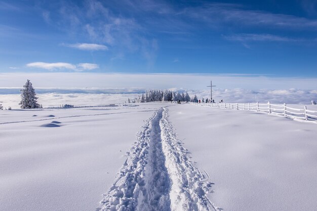 Footsteps in snow covered mountain landscape