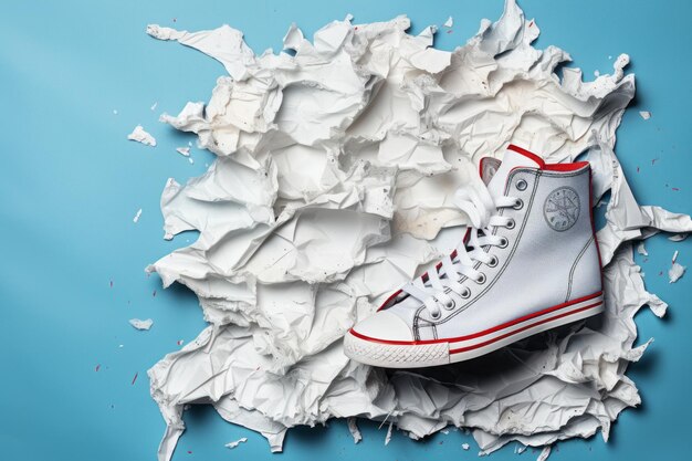 Footwear meets art sneaker ripped notebook paper background