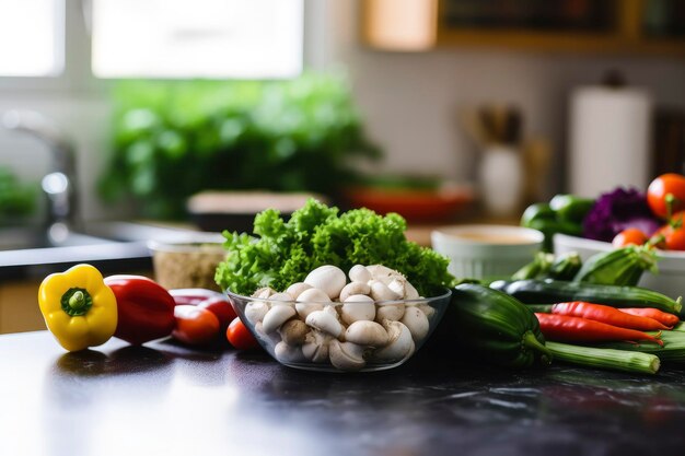 사진 신선한 채소, 녹색 러드, 고추, 버섯 및 양배추를 요리하기 위해