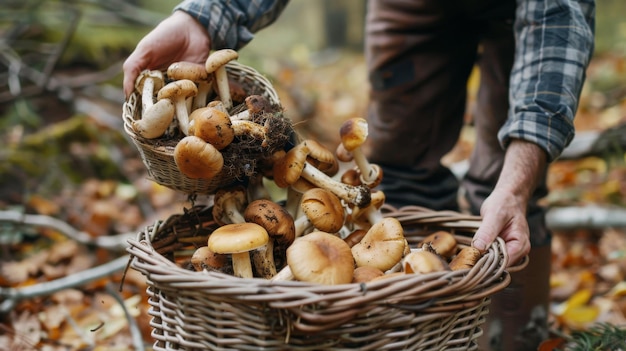 숲 속 에서 신선 한 포르치니 버섯 을 모으고 있는 채식업자 는 야생 에서 이 맛 있는 보물 을 사냥 하는 것 의 흥분 을 보여 준다