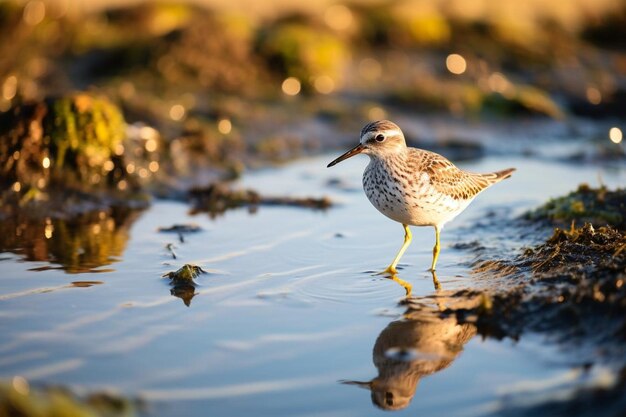 Foraging wood sandpiper in the shore