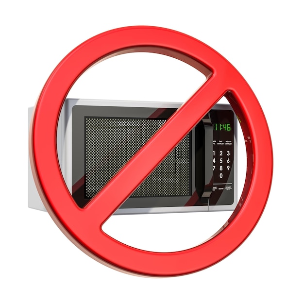 Forbidden sign with microwave oven 3D rendering