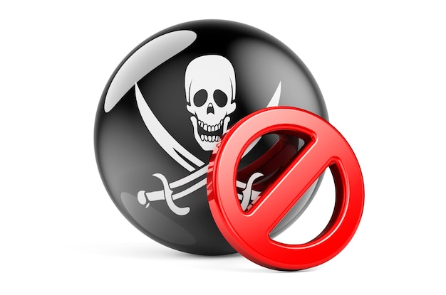 Forbidden sign with piracy flag 3D rendering isolated on white background